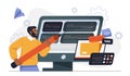 Software developer concept. Man with pencil near computer screen with code. Programmer and IT specialist write scripts Royalty Free Stock Photo