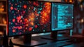 Software developer editing code on computer screen displaying abstract colorful particles background Royalty Free Stock Photo