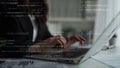 Professional Software Developer Working on Coding Tasks with Laptop Surrounded by Programming Code and Syntax Overlays Royalty Free Stock Photo