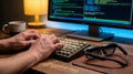 Software developer hands typing on mechanical keyboard next to folded AR glasses and coffee cup on wooden desk. - coding focus Royalty Free Stock Photo