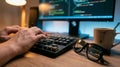 Software Developer: Software developer hands typing on mechanical keyboard next to folded AR glasses and coffee cup on wooden desk Royalty Free Stock Photo