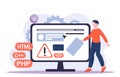 Software developer man. Young guy near computer monitor with programming languages. Coder and programmer at workplace. Backend and Royalty Free Stock Photo
