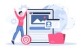 Software developer online. Man near tablet and folder with files. Programmer develops mobile app or program. Coding and