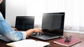 Software developer or programmer working data debugging improvement binary algorithm on desktop pc in a software develop company
