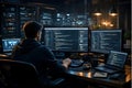 Software Developer Programming Code on Multiple Monitors in Modern Tech Workspace for Cybersecurity Royalty Free Stock Photo