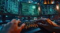 Software developer programming on computer in data center at night Royalty Free Stock Photo