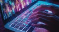 Software developer programming futuristic application on laptop with abstract code Royalty Free Stock Photo