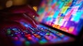 Software developer programming futuristic application on laptop with colorful keyboard Royalty Free Stock Photo