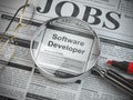 Software developer vacancy in the ad of job search newspaper with loupe