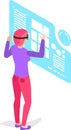 Software developer wearing virtual reality glasses interacting with holographic interface using augmented reality