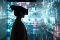 Software developer wearing vr headset exploring virtual reality environment