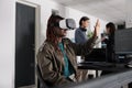 Software developer wearing with vr heaset to create programming server Royalty Free Stock Photo