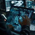 Software developer working with interactive touchscreen display showing futuristic city map and data points