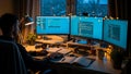 Software developer working late at night on multiple monitors with visible brand logos and coding references Royalty Free Stock Photo