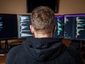 Software developer working on multiple monitors. Royalty Free Stock Photo