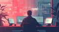 Software developer at workstation with multiple monitors and code Royalty Free Stock Photo