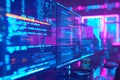 Software developer writing code on multiple monitors with neon light Royalty Free Stock Photo