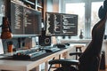 Software Developers Work Efficiently on Modern Desk Setup with Dual Monitors Displaying Lines of Code, Enhancing Productivity