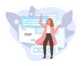 Software developers working of script coding. Engineer character programming in php, python, javascript, other languages
