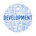 Software development circle poster with flat line icons. Programming language flyer, application, api, computer tester Royalty Free Stock Photo
