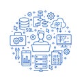 Software development circle poster with flat line icons. Programming language flyer, application, api, computer tester Royalty Free Stock Photo