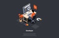 Software Development Coding Process Concept. Man Programmer or Web Developer Working On PC. Screen With Code, Script and Royalty Free Stock Photo