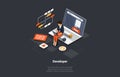 Software Development Coding Process Concept. Programmer or Web Developer Working On Laptop. Screen With Code, Script and Royalty Free Stock Photo