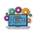 Software development and coding process with laptop displaying source code surrounded by colorful gears working Royalty Free Stock Photo