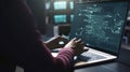 Software development concept. Coding programmer, software engineer working on laptop with computer code on virtual screen