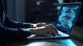 Software development concept. Coding programmer, software engineer working on laptop with computer code on virtual screen Royalty Free Stock Photo