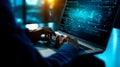 Software development concept. Coding programmer, software engineer working on laptop with javascript computer code on virtual