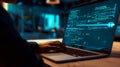 Software development concept. Coding programmer, software engineer working on laptop with javascript computer code on virtual