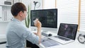Software development concept, Male programmer checking website programming and drinking coffee