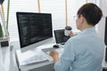 Software development concept, Male programmer checking website programming and drinking coffee