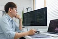 Software development concept, Male programmer read data code to thinking about developing website
