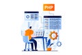 Software development concept with people scene in flat cartoon design. Royalty Free Stock Photo