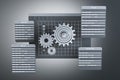 Software development interface with gears and menu options on gradient background. Programming concept. 3D Rendering Royalty Free Stock Photo