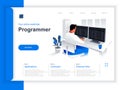 Software development isometric landing page. Programmer working with computer in office situation. Web application programming and