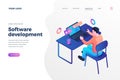 Software development isometric landing page template male programmer designing user account interface