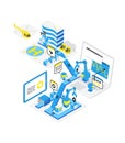 Software development levels. Technological conveyor. Programming and testing robots laptop. Isometric infographic. Blue
