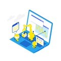 Software development levels. Technological conveyor. Programming and testing robots laptop. Isometric infographic. Blue