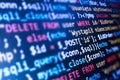 Software development pattern. Programmer monitor with php language code. Closeup tablet screen technology background