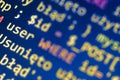 Software development pattern. Programmer monitor with php language code. Closeup tablet screen technology background