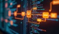 Software development process workflow diagram on computer screen. Branching merging, pull request commit master development