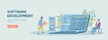 Software development. Programmers create computer software, write code, test programs. Promotional web banner.