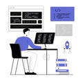 Software development, programming, coding. Man programming and writing code, tests and fixes bugs, works on different screens. Royalty Free Stock Photo