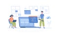 Software development, programming, coding. People write code, settings and testing, developing programs