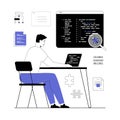 Software development, programming, coding. IT specialist looking for bugs and errors in applications and programs. Vector Royalty Free Stock Photo