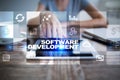 Software development on virtual screen. Applications for business. Programming. Royalty Free Stock Photo