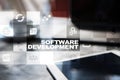 Software development on virtual screen. Applications for business. Programming. Royalty Free Stock Photo